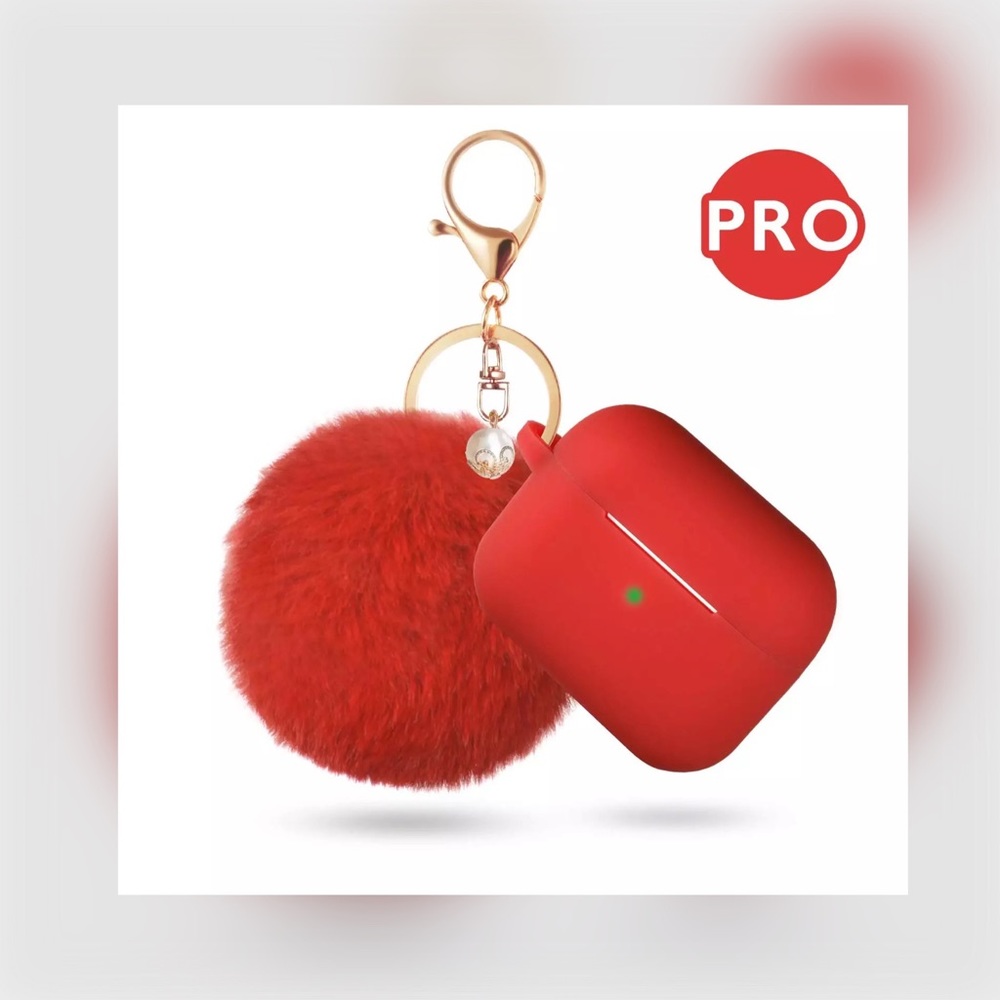 AIRPOD PRO RED SILICONE GEN 1 & 2  PROTECTIVE CASE W/POM POM FUR-BALL KEYRING